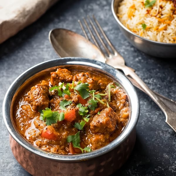 Indian lamb curry in a copper bowl with rice, spoon, and fork on a dark surface.