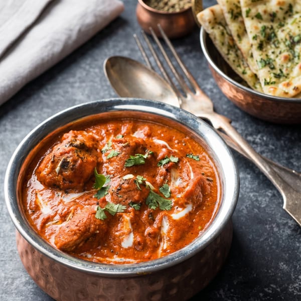 Chicken tikka masala in a copper bowl with naan bread and spices on a dark surface.