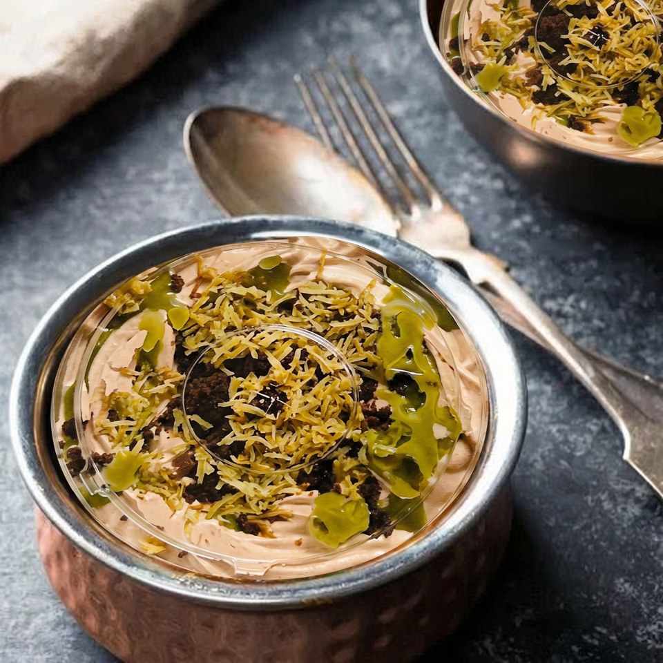 Two copper bowls of creamy dessert topped with green drizzle, chocolate crumbles, and shredded coconut.