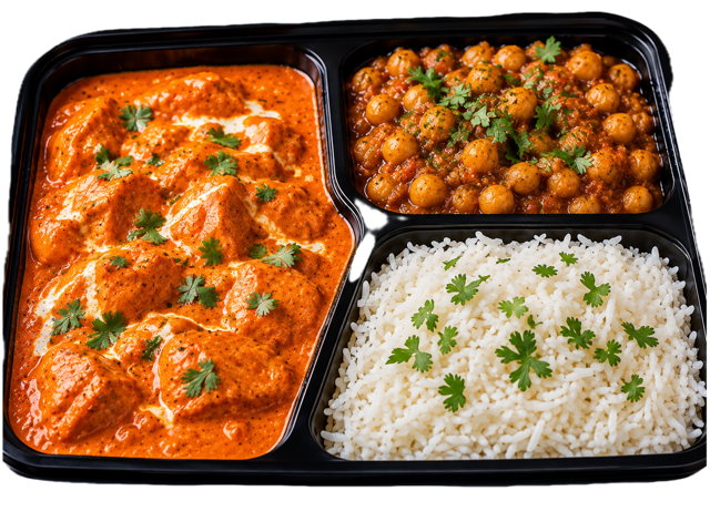 Butter Chicken/ Chana Masala/Rice.