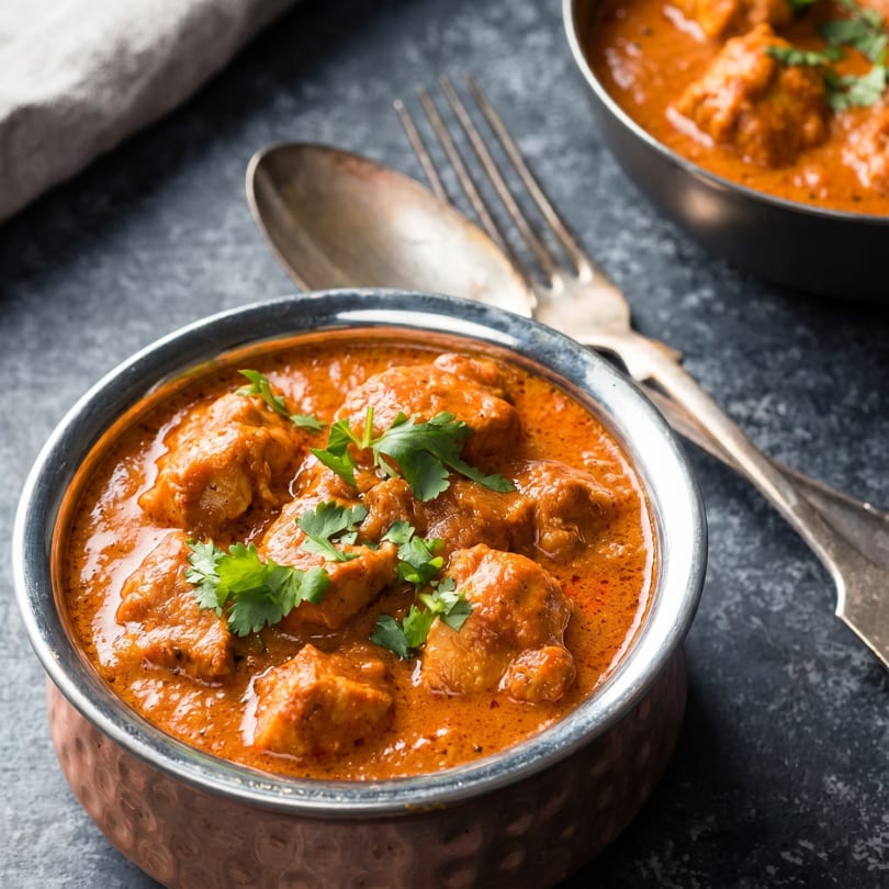 Two copper bowls of chicken tikka masala, garnished with cilantro, on a dark stone surface.
